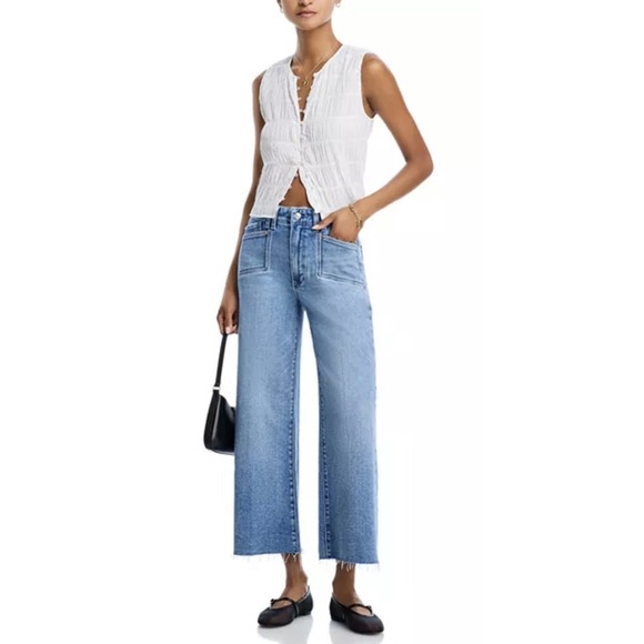 PAIGE Denim - PAIGE Anessa High Rise Patch Pocket Wide Leg Jeans Bebop Raw Hem Crop Size 30